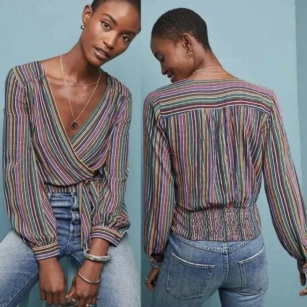 Maeve Vibrant Striped Wrap Blouse